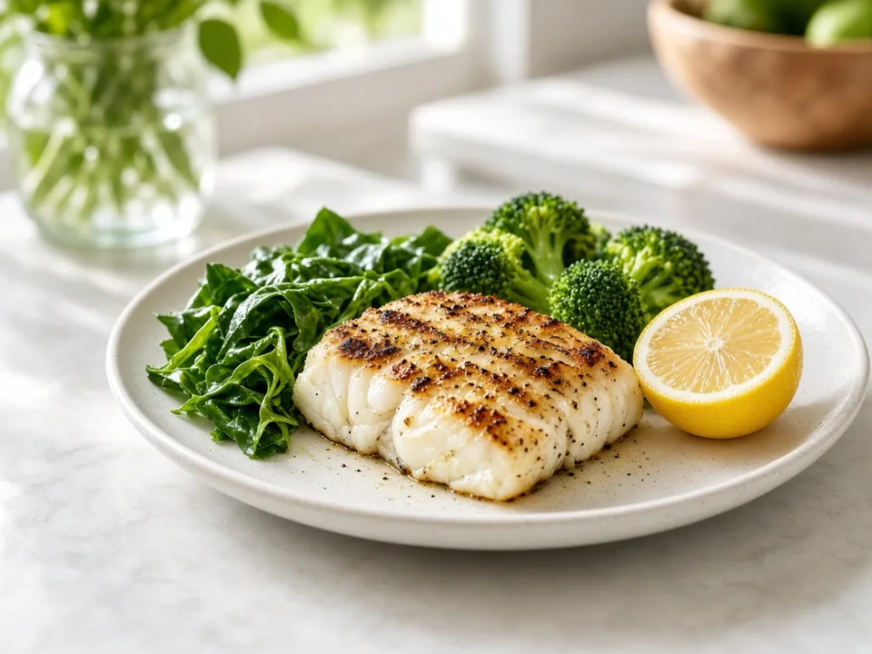Healthy plate of greens and fish in a bright kitchen
