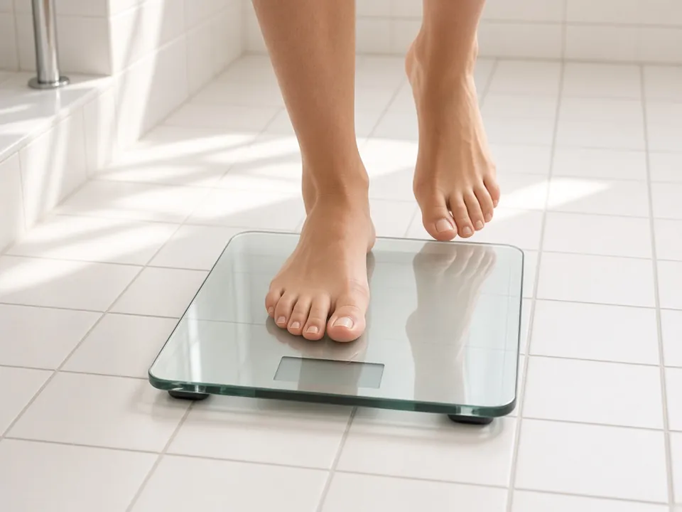 Bathroom scale with display on sunlit tiles, bare feet