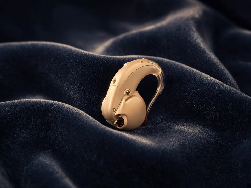 Small behind-the-ear hearing aid on navy velvet