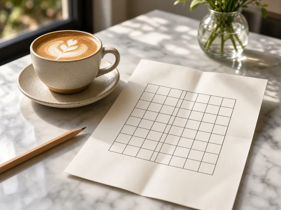 Crossword with grid, pencil and coffee in daylight