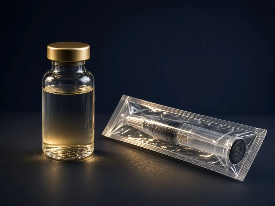 Sealed vaccine vial and syringe in packaging on navy
