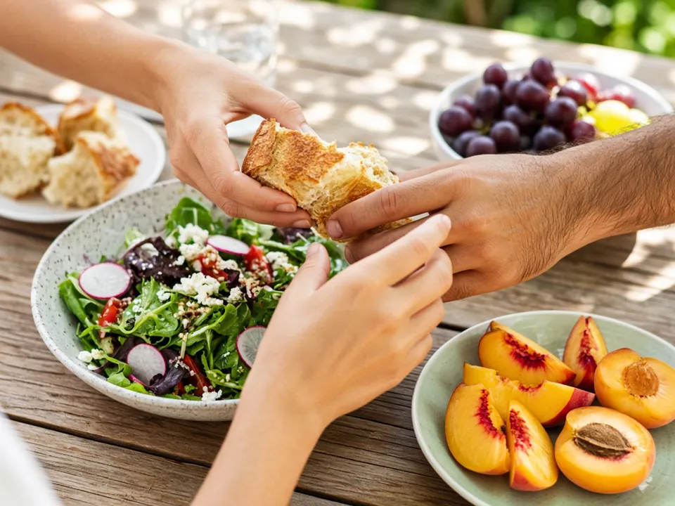 Anonymous hands sharing food at a sunny table