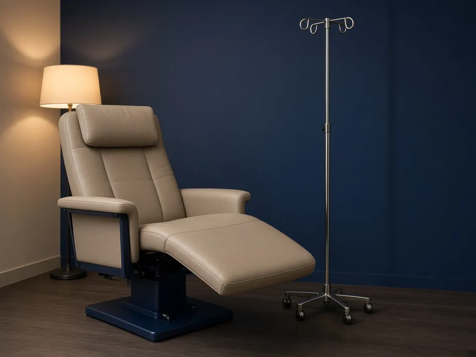 Empty infusion chair in a calm navy clinic room