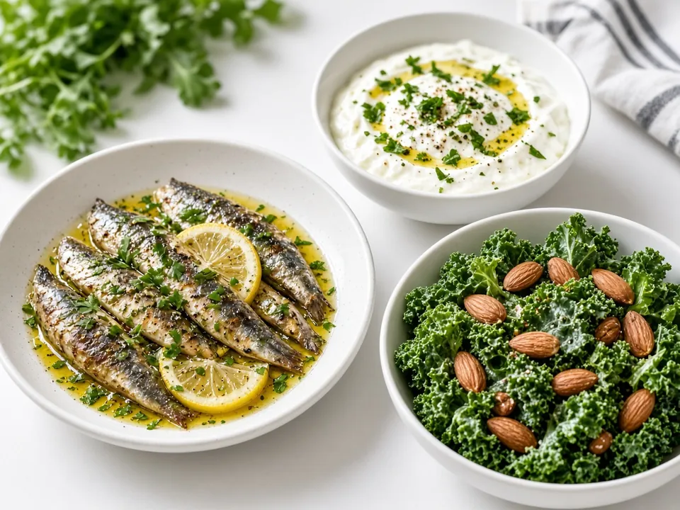 Sardines, yogurt, kale and almonds in daylight
