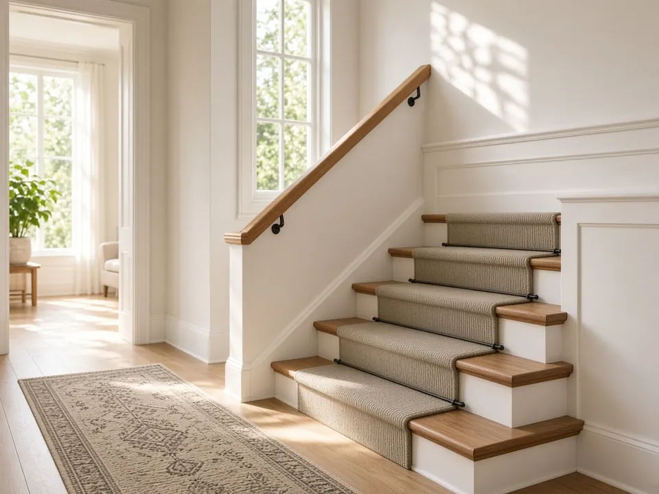 Handrail and non-slip mat in a bright home hallway
