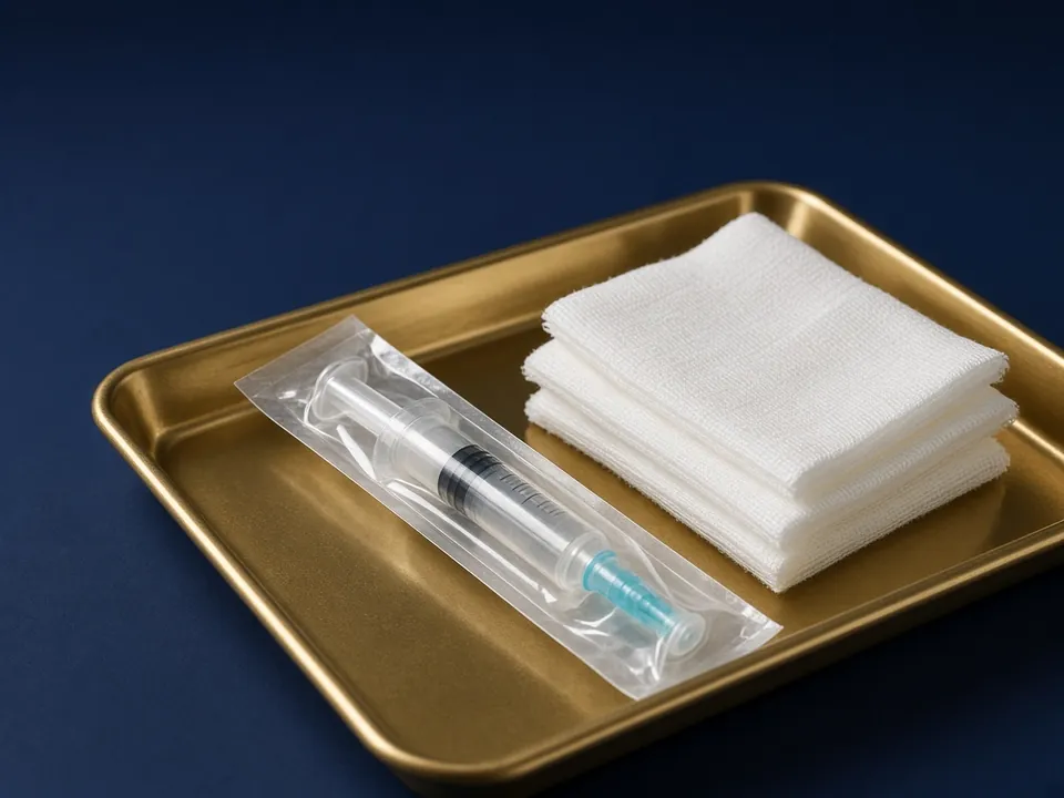 Sealed syringe and gauze on a gold tray