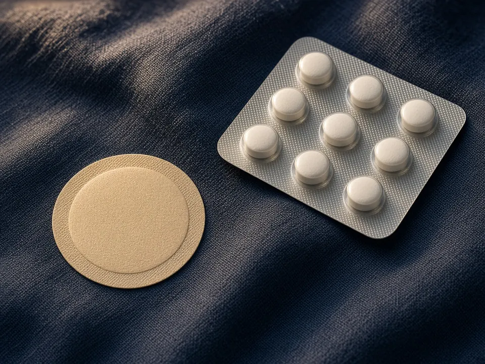 Round skin patch and tablet blister on navy linen