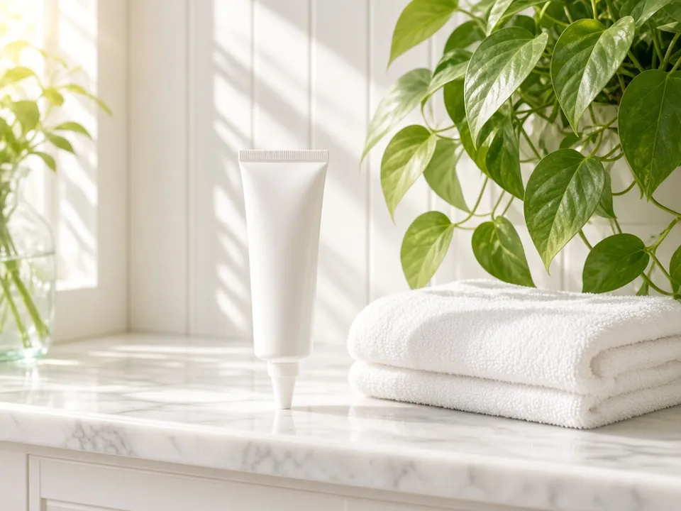 Plain cream tube with applicator on a white bathroom shelf in daylight