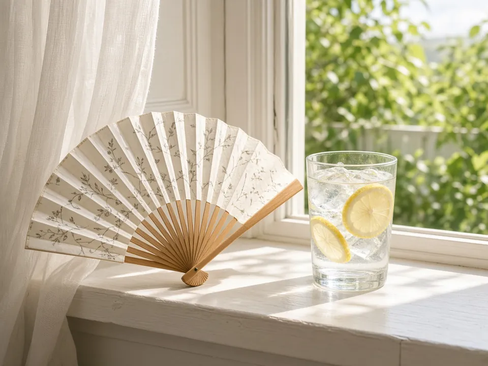 Hand-held fan and glass of iced water by an open sunny window