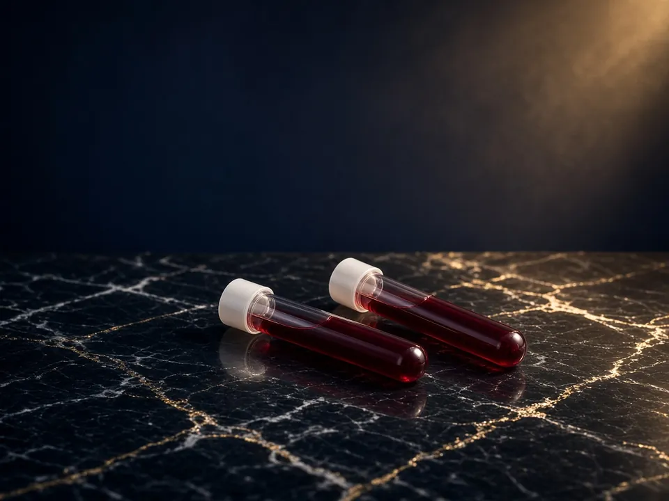 Two capped blood tubes on dark marble