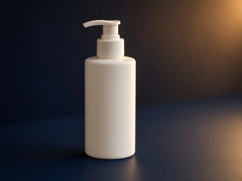 Plain gel pump bottle on navy with gold light