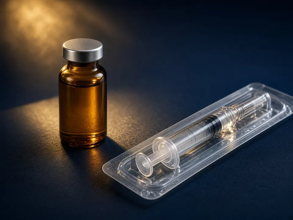 Sealed vial and syringe in sterile pack on navy