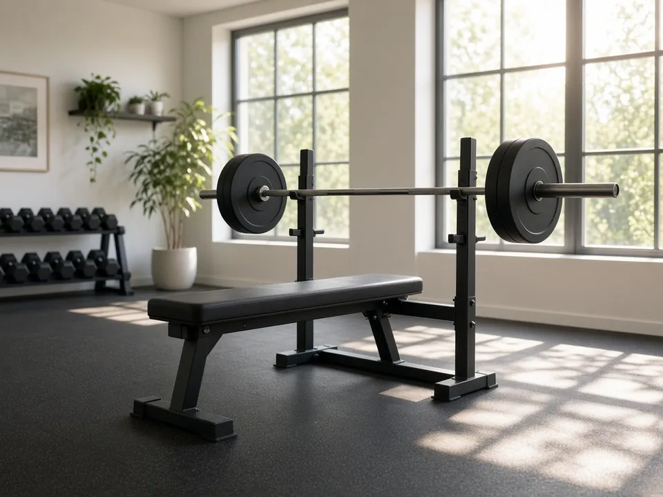 Empty weight bench and plates in a bright gym