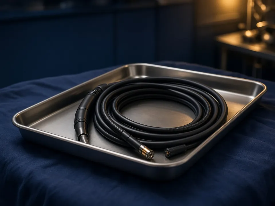 Colonoscope coiled on a steel tray, navy room