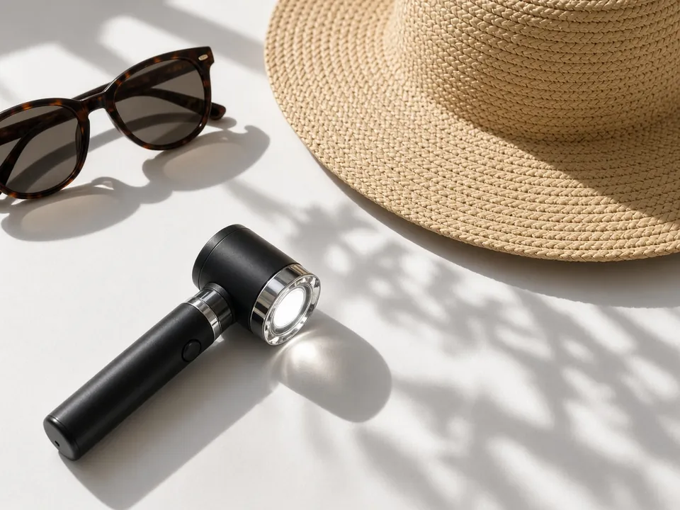 Dermatoscope beside a sun hat on a white table in daylight