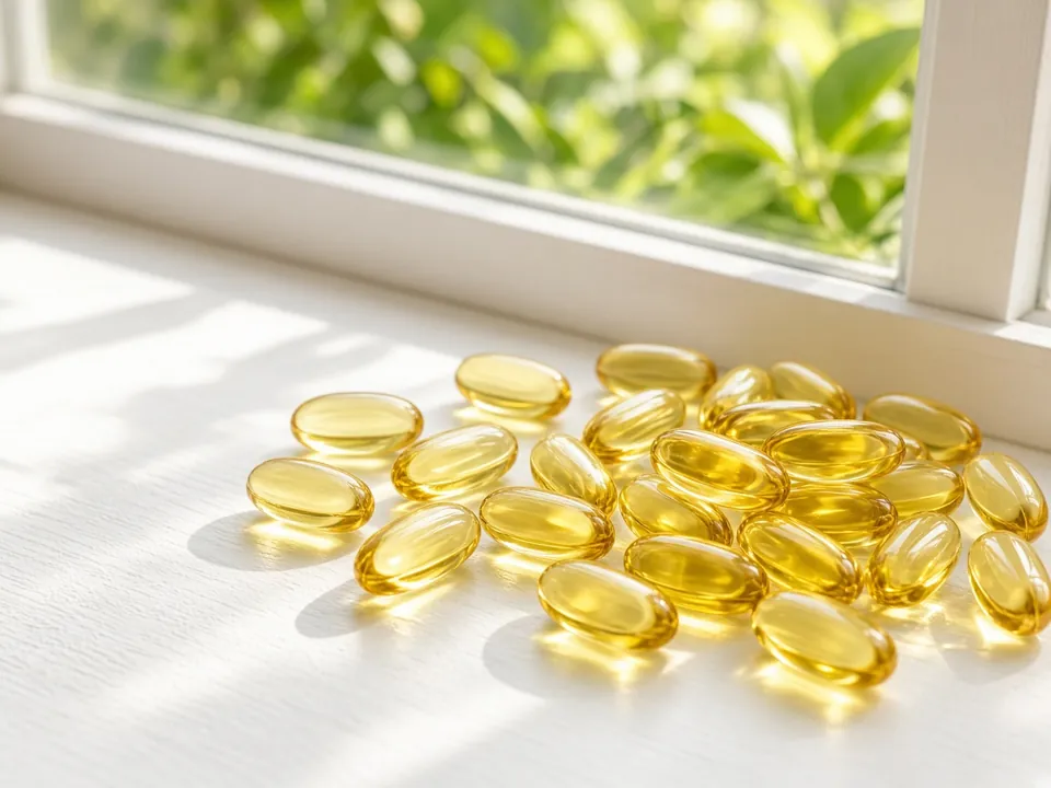 Softgel capsules on a sunny windowsill