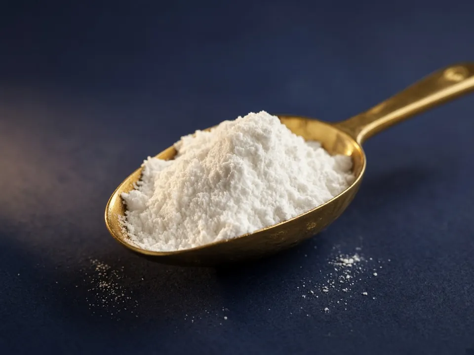 White powder in a brass scoop on navy