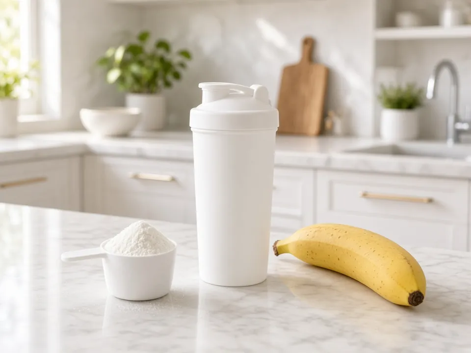 Scoop of white powder beside a shaker bottle in a bright kitchen