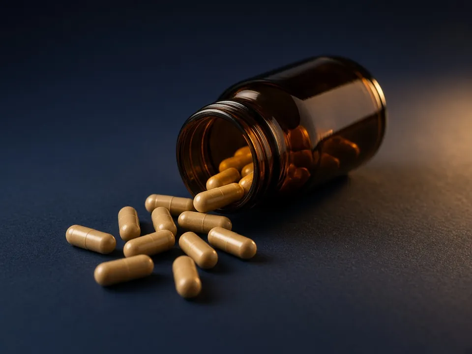 Unlabeled capsules spilling from an amber bottle, gold light