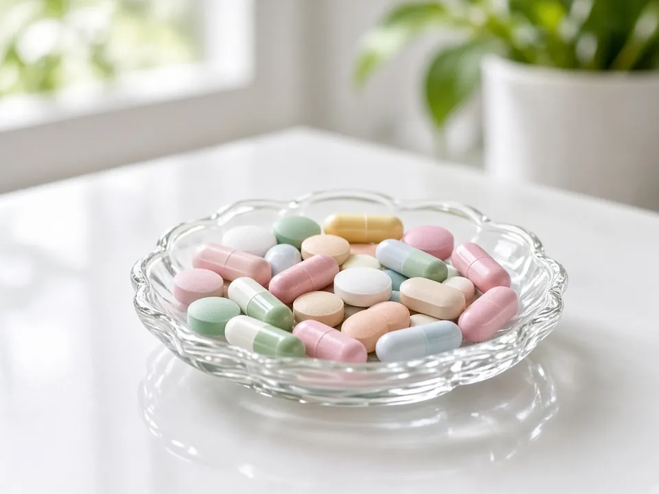 Assorted tablets in a clear glass dish on a white counter