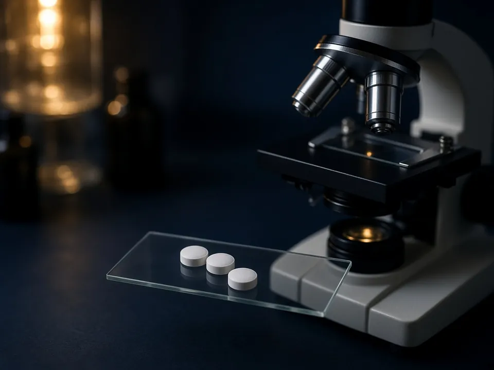Plain small tablets beside a microscope in navy light