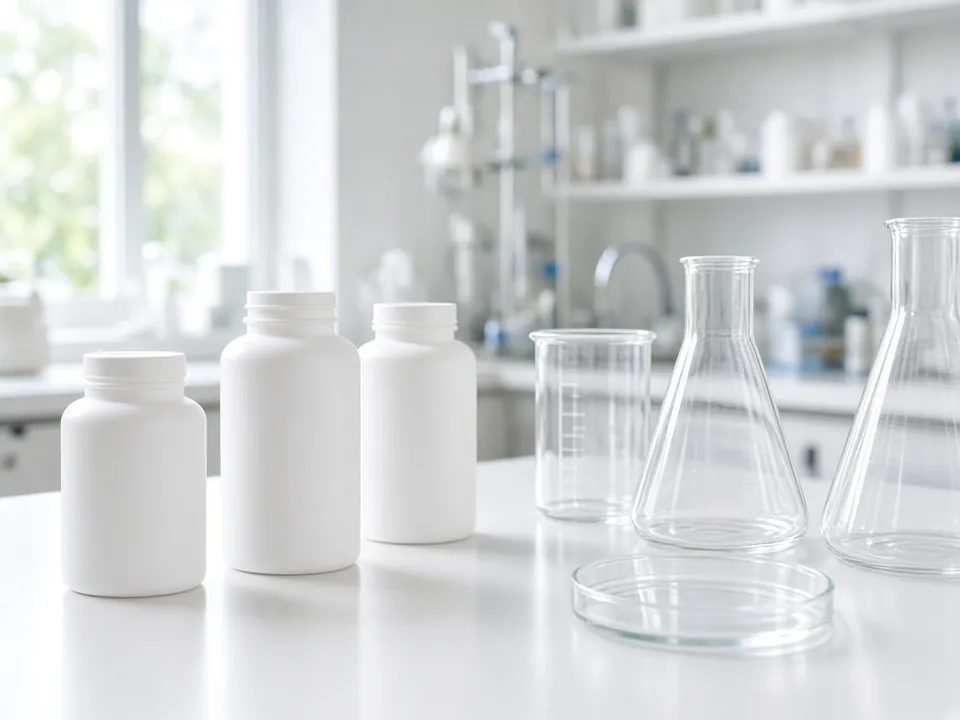 Bright lab bench with pill bottles