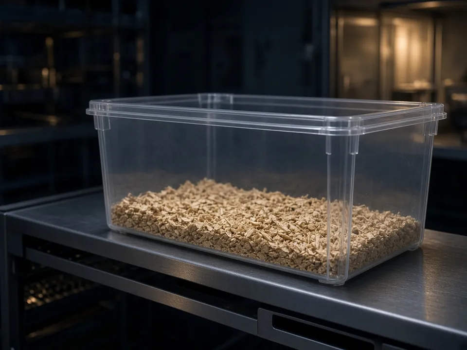 Empty clean research cage in a dim lab with gold light
