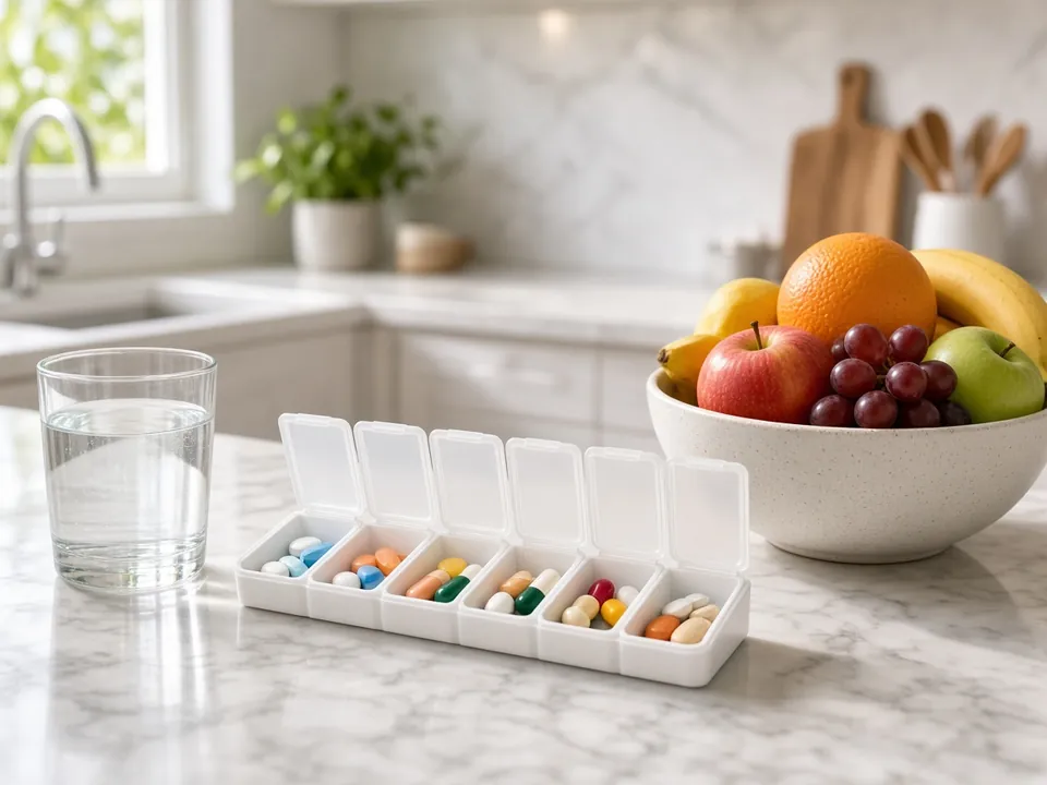Weekly pill organizer on a sunny kitchen counter