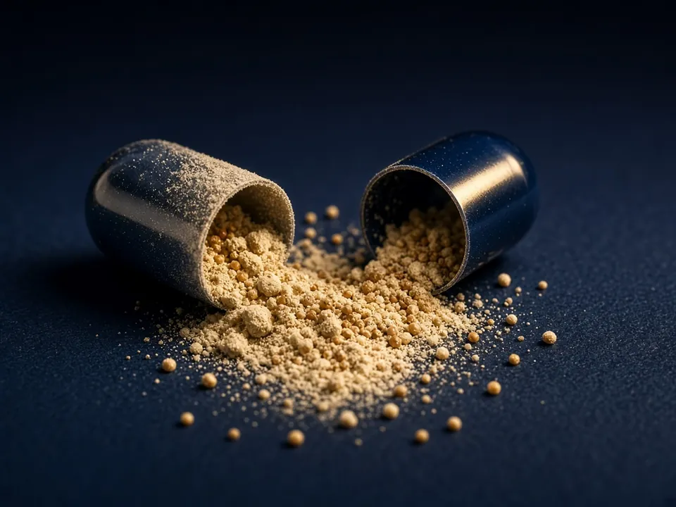 Cut open capsule showing layered contents on navy