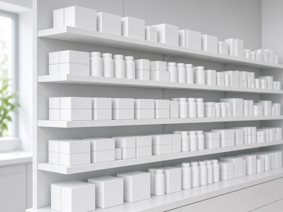 Bright pharmacy shelves with white boxes
