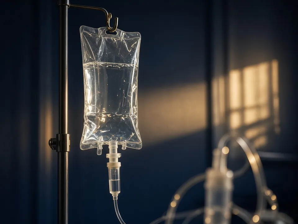 IV drip bag on a pole in a navy room with gold light