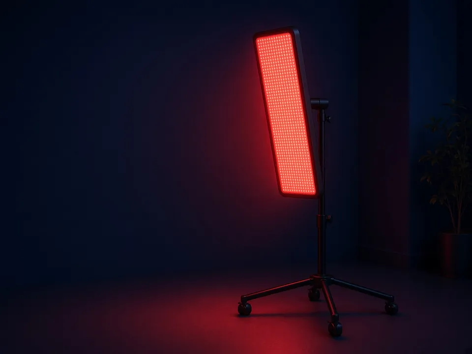 Glowing red-light panel in a dark room