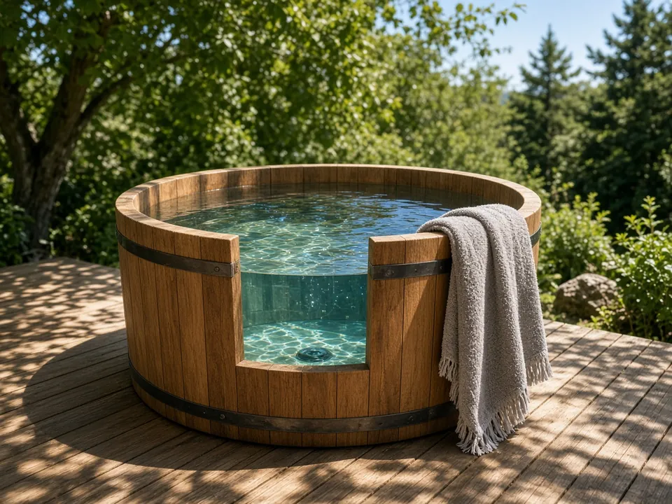 Outdoor cold-plunge tub on a sunny deck