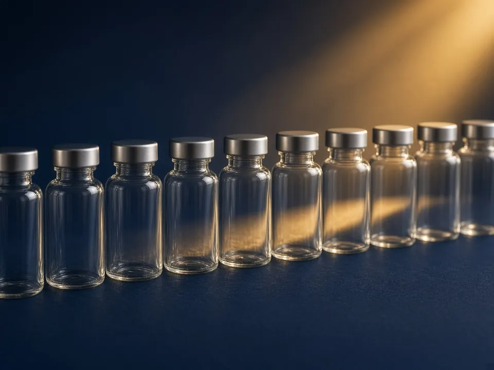 Row of unlabeled small vials on navy
