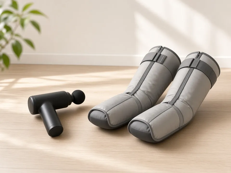 Massage gun and compression boots on a bright studio floor
