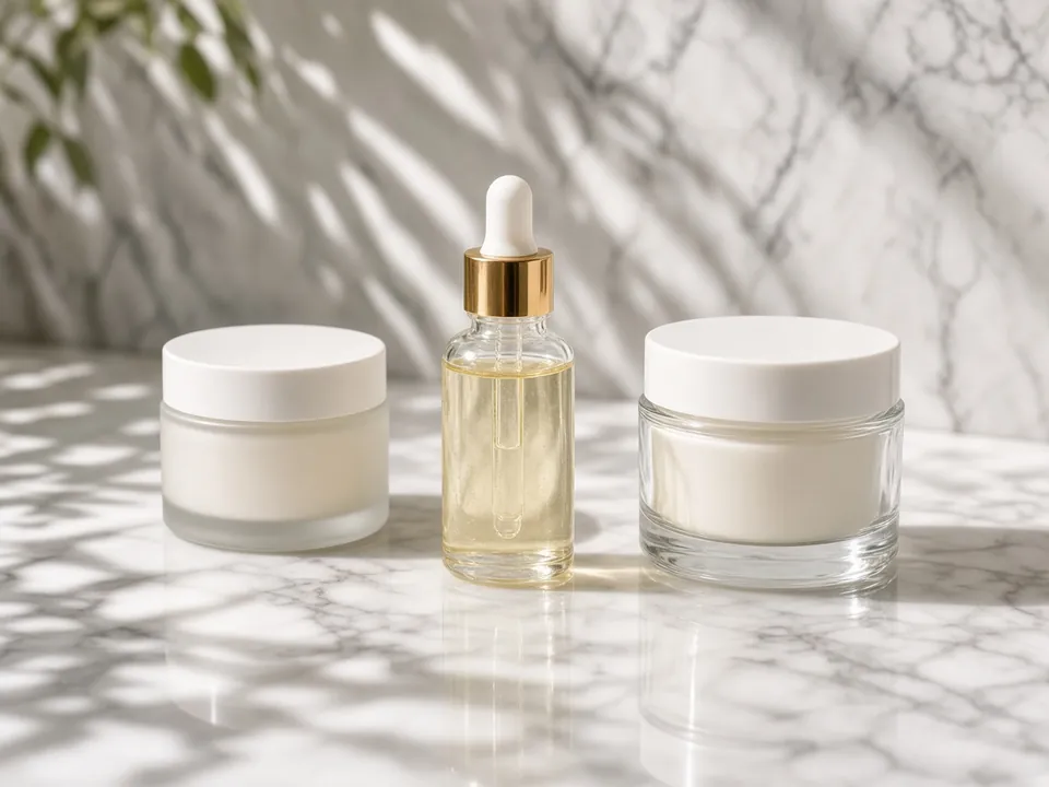 Plain unlabeled skincare jars on a sunny marble counter