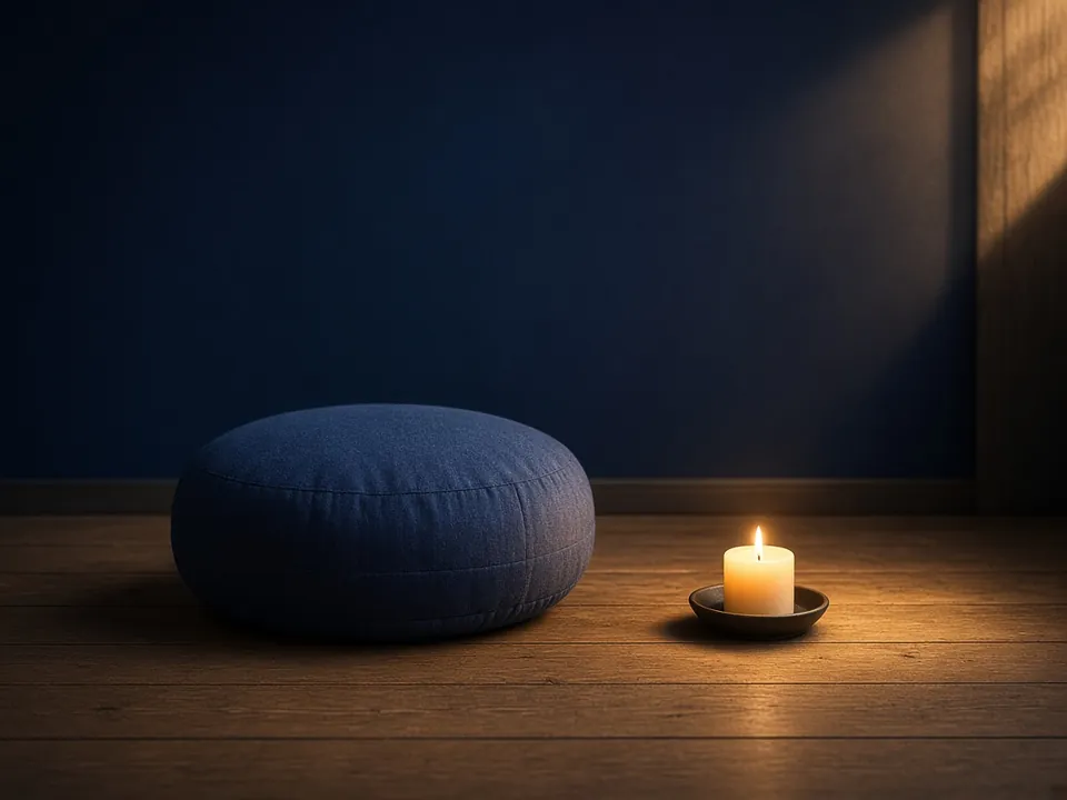 Meditation cushion and candle in a navy room