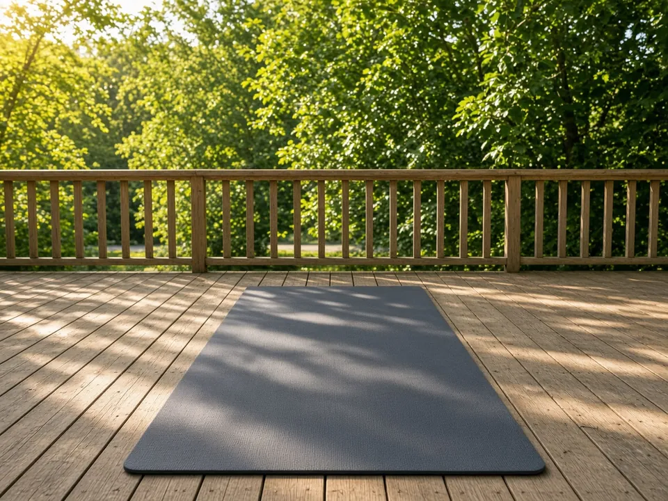 Yoga mat on a sunny deck facing trees