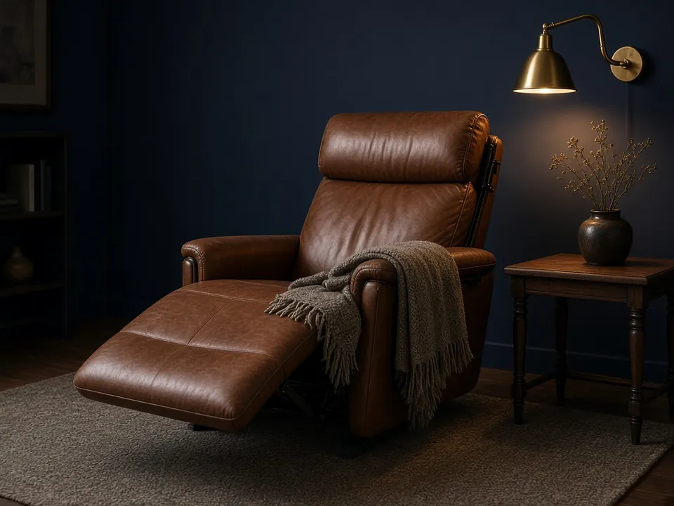 Empty reclining therapy chair with blanket in dim navy room