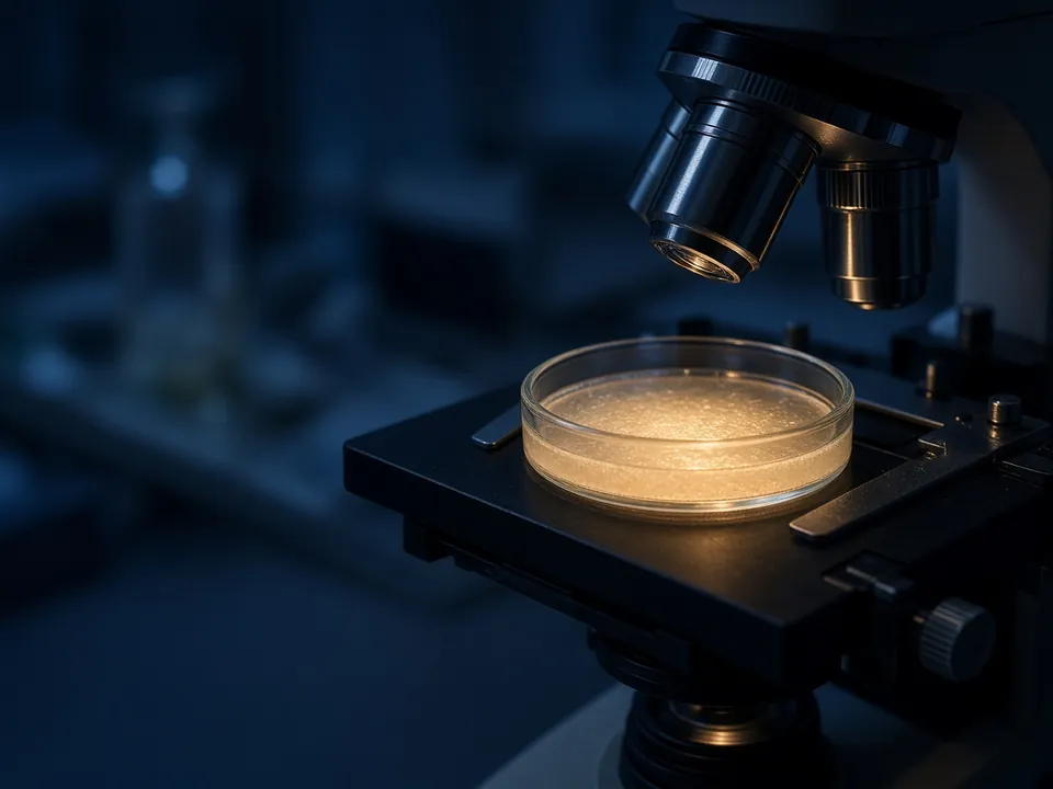 Petri dish under a microscope with gold light