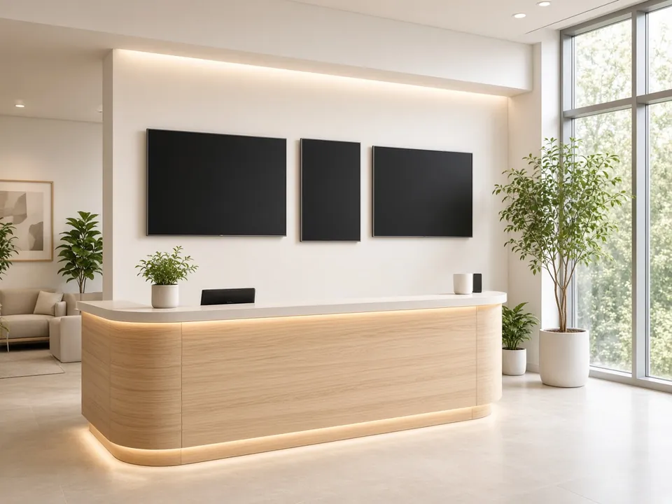 Bright modern clinic reception with screens