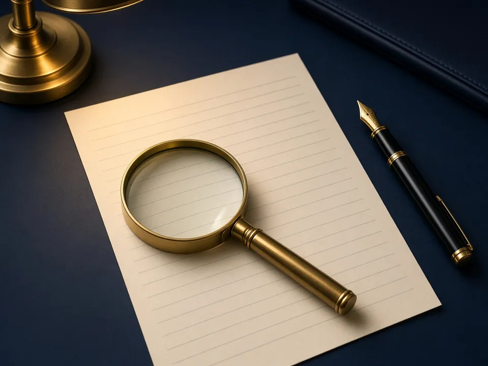 Magnifying glass over a invoice on navy desk