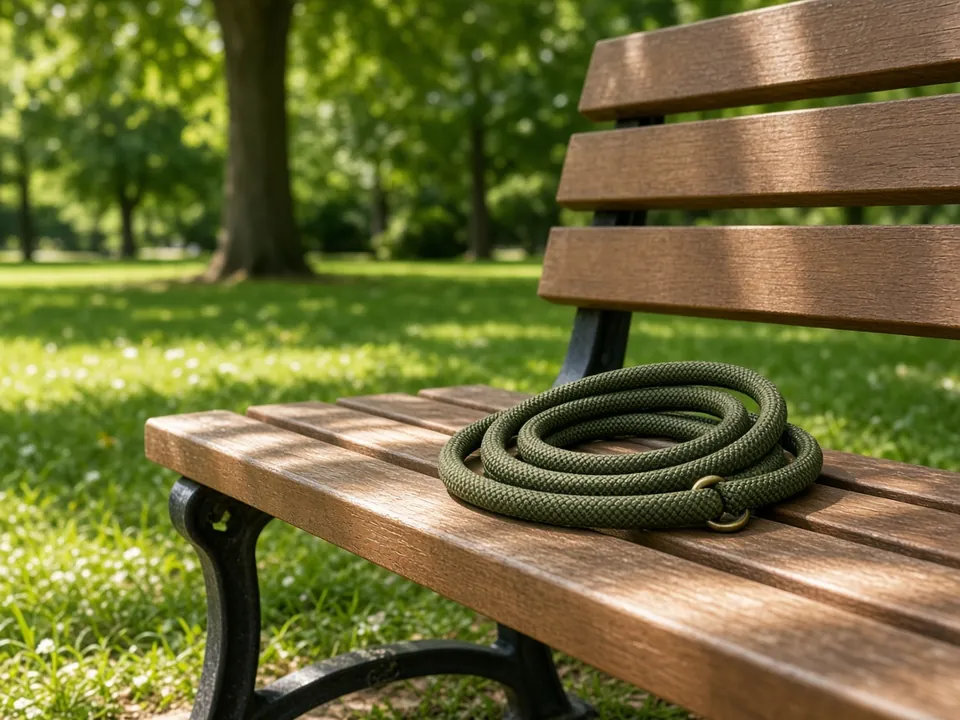 Dog leash on a sunny park bench