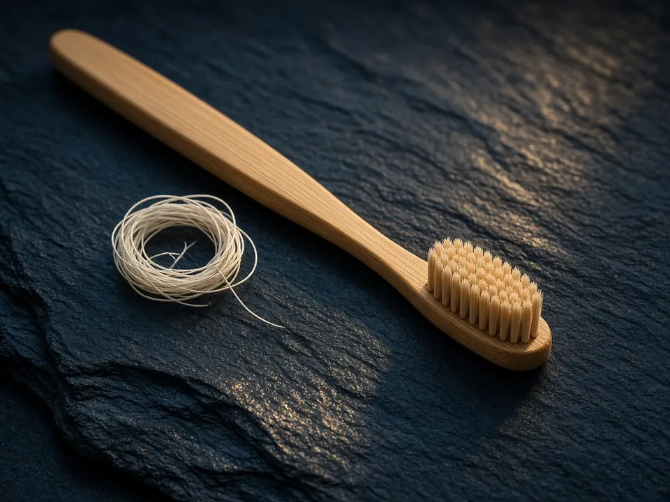 Toothbrush and floss on dark slate