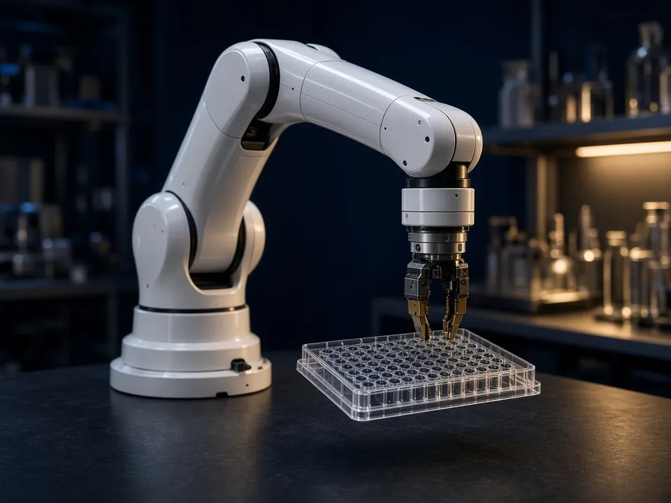 Lab robot arm handling a sample plate under gold light
