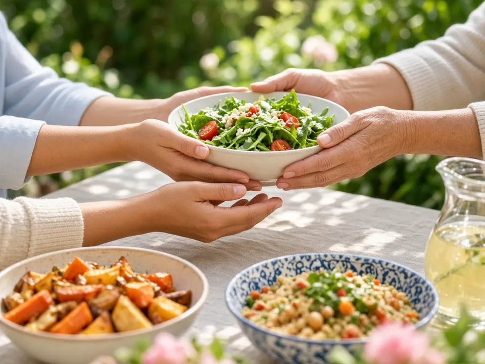 Anonymous hands passing dishes at a family table outdoors