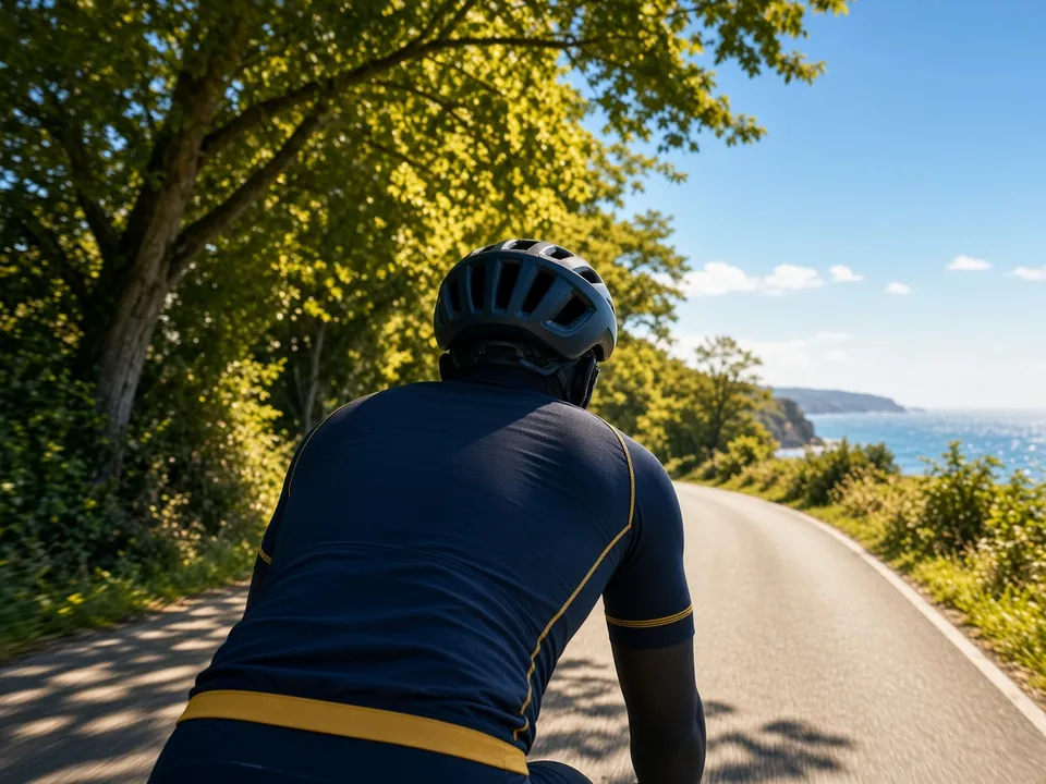 Cyclist seen from behind riding on a sunny road