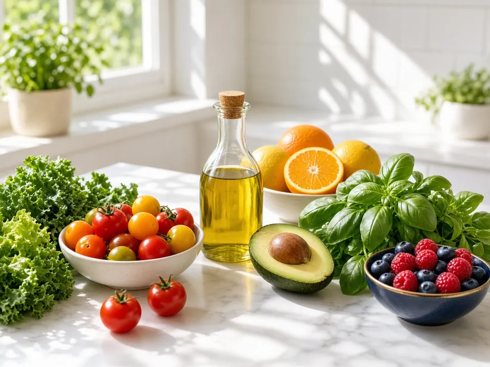 Sunlit kitchen with fresh vegetables and whole foods
