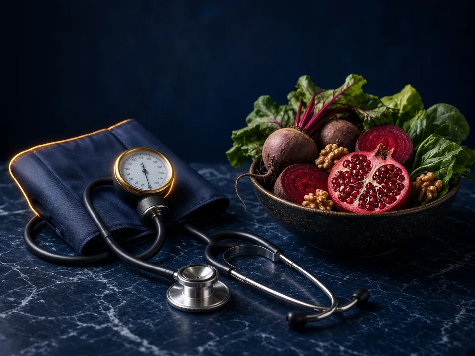 Heart-health still life in navy and gold light