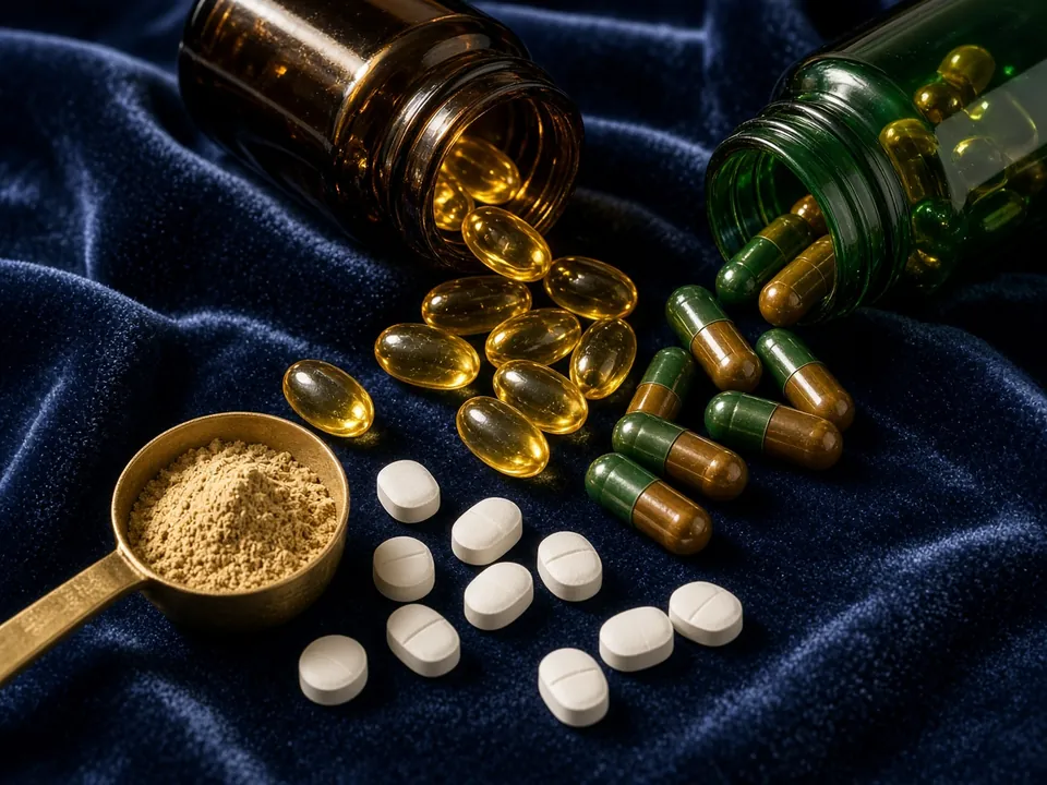 Golden softgel capsules on navy velvet